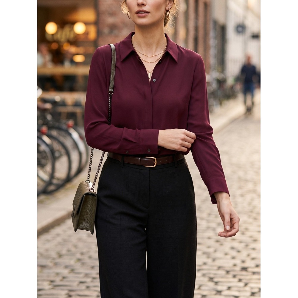Theory Sunaya Urban Crepe Shirt Blouse Pink Currant Burgundy Red Size M $235